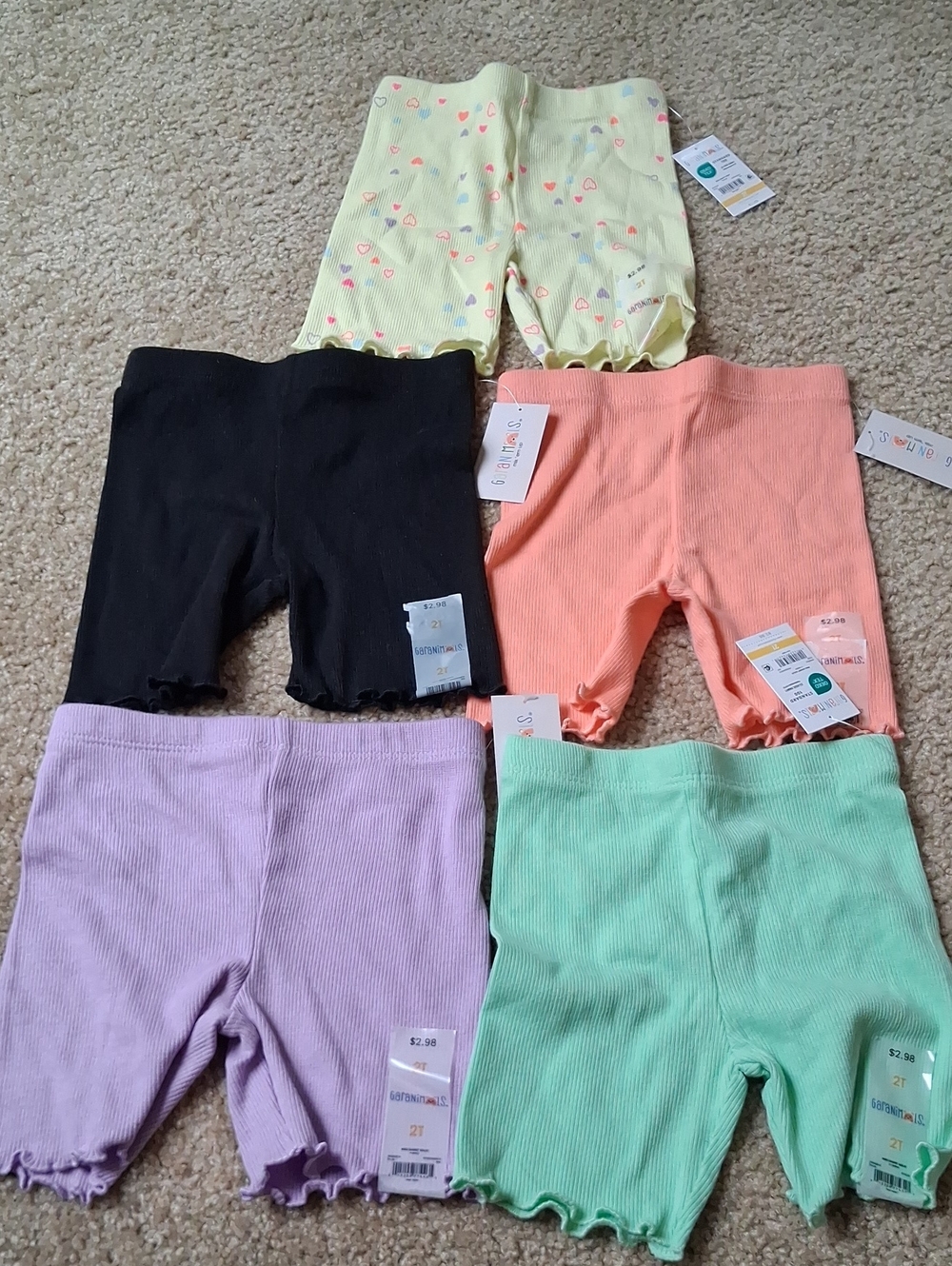 Bundle 2T Ribbed Bike Shorts - Black, Orange, Purple, Green, Yellow Heart Print